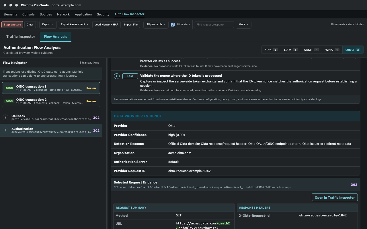 OIDC Flow Analysis showing correlated authorization, callback, validation checks, and recommended next actions